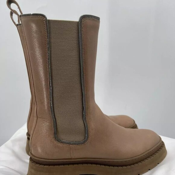 Brunello Cucinelli Leather Chelsea Mid Calf Round Toe Platform Boots Size 38.5 - Picture 1 of 14
